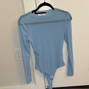 Sheer-Trim Light Blue Long Sleeve Bodysuit